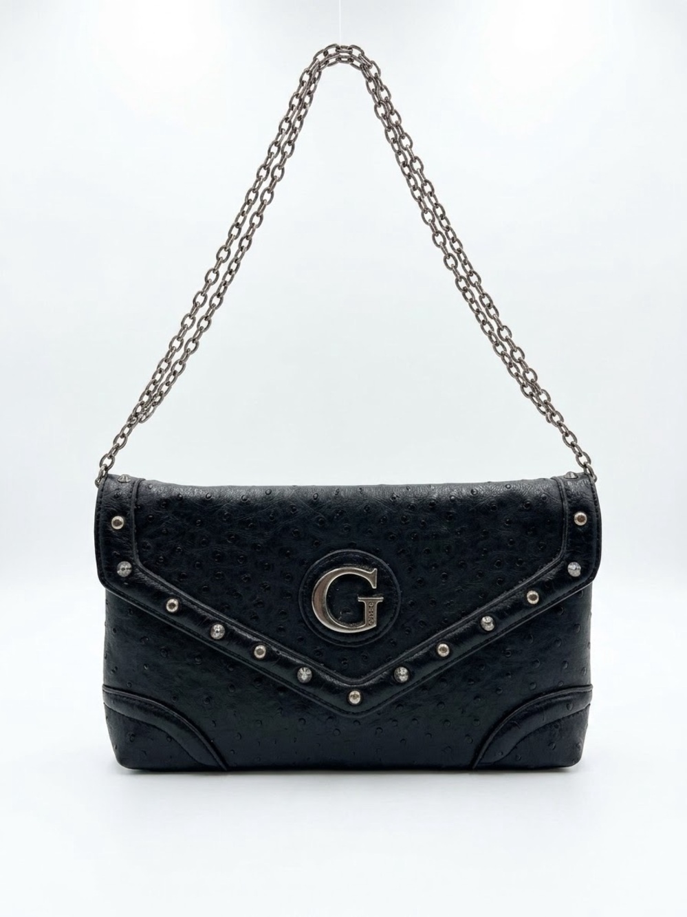Guess Y2K Vintage Black Studded Chain Shoulder Bag with 'G' Logo